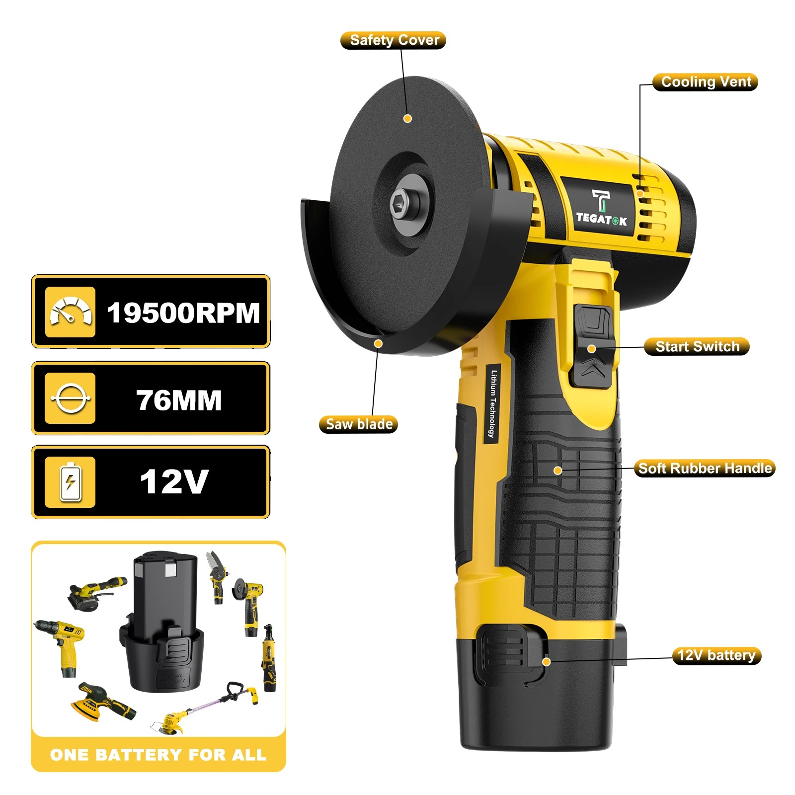 TEGATOK 12V Mini Cordless Angle Grinder - Image 3