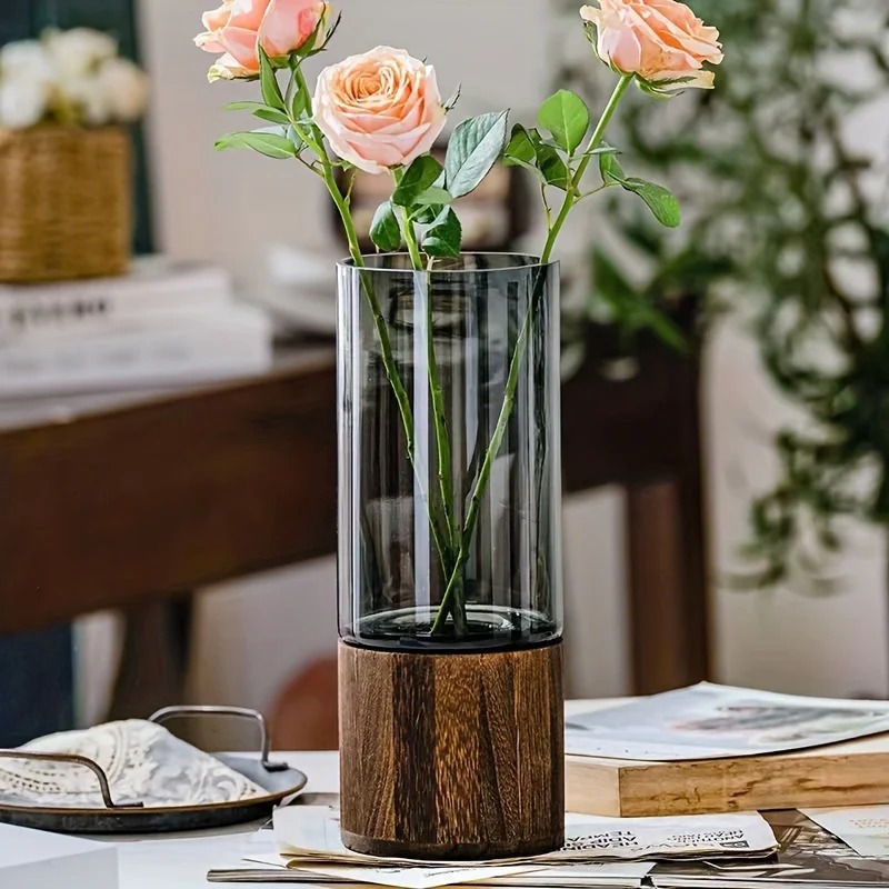 AuraBeam Elysian Glass & Solid Wood Dual-Tier Vase - Image 2