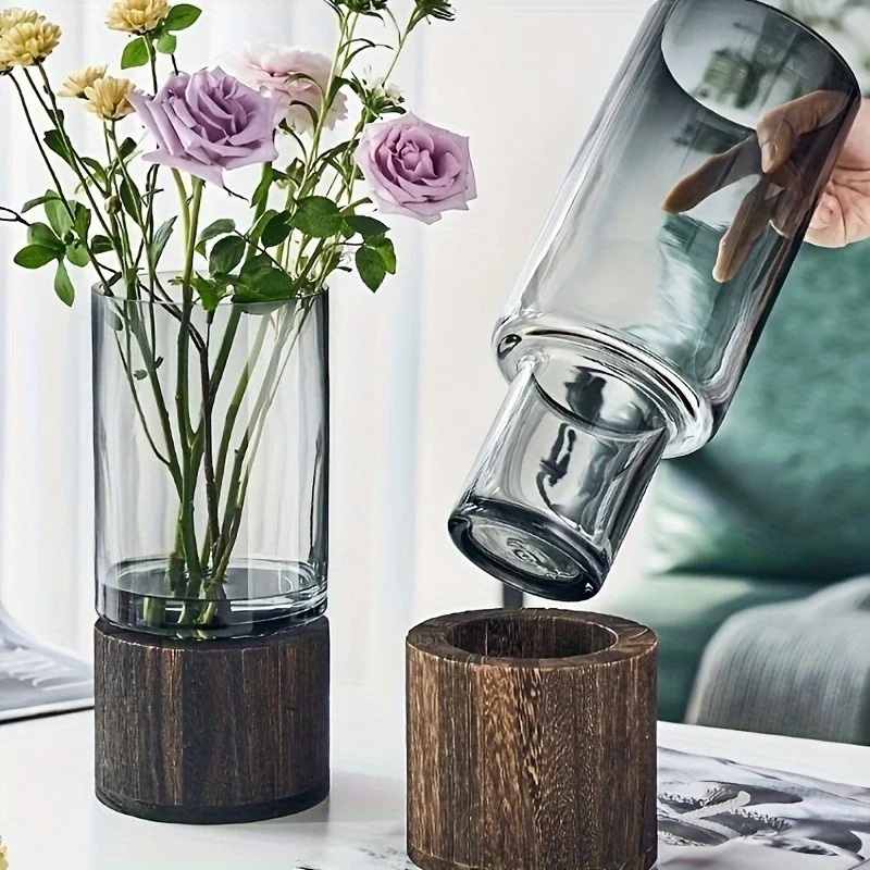 AuraBeam Elysian Glass & Solid Wood Dual-Tier Vase - Image 3
