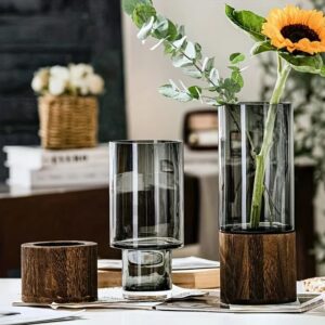 AuraBeam Elysian Glass & Solid Wood Dual-Tier Vase